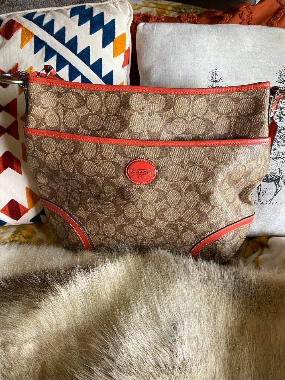 Coach Brown Peyton  Shoulder Bag with orange Trim